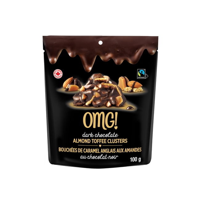 OMG! Dark Chocolate Almond Toffee Clusters 100 g resealable bag featuring Fairtrade dark chocolate clusters with large dry roasted almond pieces, toffee bits, and crispy graham wafers, suitable for convenient snacking.