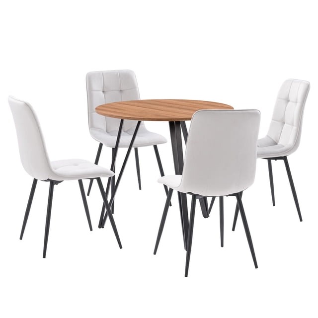 CorLiving Ezra Modern 5-Piece Round Indoor Dining Table Set for 4 with a round brown faux wood engineered table top supported by black metal hairpin legs and four white velvet upholstered chairs with padded seats and flared metal legs, suitable for small indoor dining spaces.