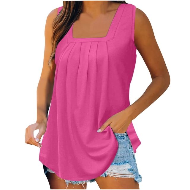 Timegard Womens Tank Tops Solid Color Square Neck Pleated Sleeveless Dressy Casual Tunic Top Basic Tee