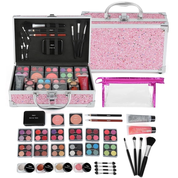 Anpro Trousse de Maquillage Tout-en-un avec Ensemble de Maquillage Pro Teen, Trousse de Départ Complète pour Cosmétiques avec Pinceaux de Maquillage, Rouges à Lèvres, Palette d'Ombres à Paupières, Fards à Joues, Gel Pailleté Rose