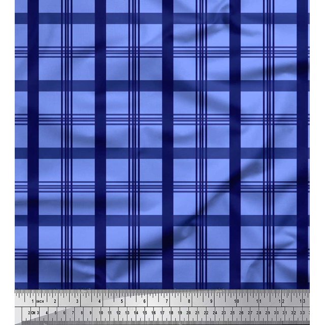 Soimoi Blue Heavy Satin Fabric Check Check Decor Fabric Printed Yard 54 Inch Wide