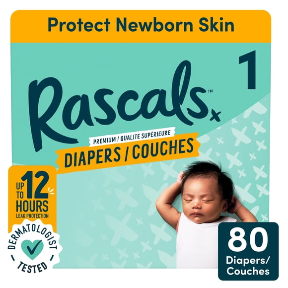 Rascals Premium Absorbent Baby Diapers, Size 1, Small Carton, 80 Count