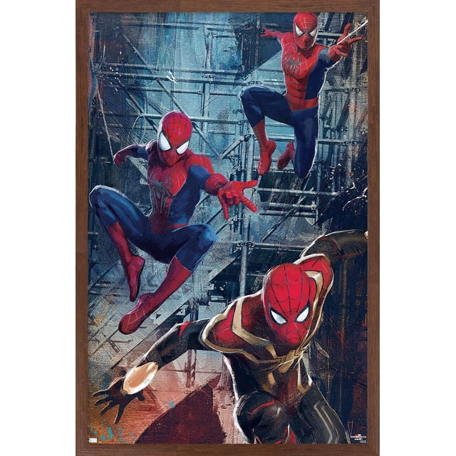 Marvel Spider-Man: No Way Home - Trio Wall Poster, 22.375" x 34", depicting three Spider-Man characters in red and blue suits with web designs in dynamic poses against an industrial scaffolding background, printed on glossy paper for vibrant colour, ideal for wall art décor in bedrooms, offices, or dorms, and suitable for themed party decoration.