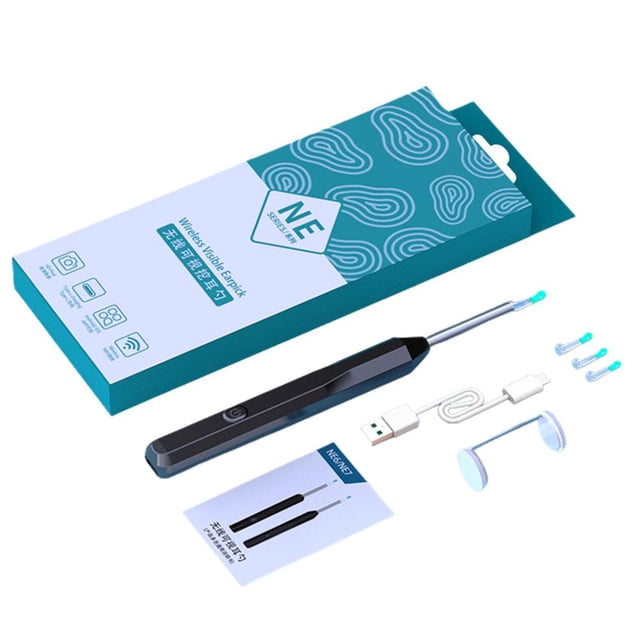 Smart Ear Wax Removal Cleaner Wireless Visual Endoscope HOT Camera Otoscope N1K1 displayed with its accessories, including a black ear cleaning stick, multiple ear tips, a USB charging cable, and a user manual. The teal and white packaging highlights its diagnostic capabilities, featuring a 360° wide-angle lens and 1296P HD imaging for precise ear canal examination and other diagnostic uses.
