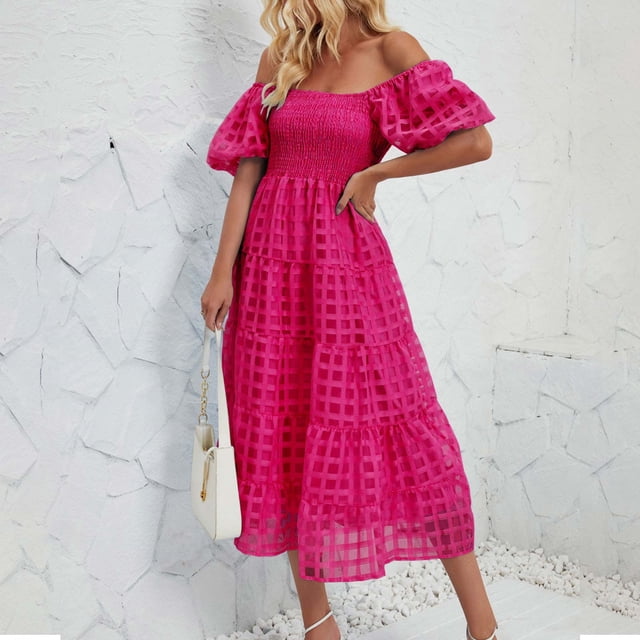 Gspmoly Robes pour Femmes, Robe à Épaules Dénudées à Manches Courtes Plissée à Taille Haute pour Femmes, Robes de Cocktail, Offres des Fêtes