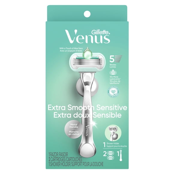 Venus Extra Smooth Sensitive Women's Razor with Reusable Razor Handle, 2 Razor Blade Refills and Shower Holder