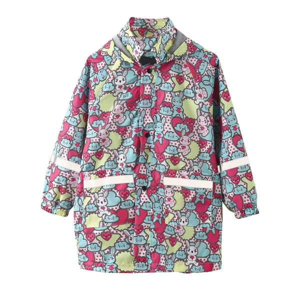 Toddler Girls Hooded Cartoon Print Rain Dungarees Windproof Waterproof Outwear Raincoat Trench Coat Hoodies Clothes For Kids Vêtements Pour Enfants Size 4-5T