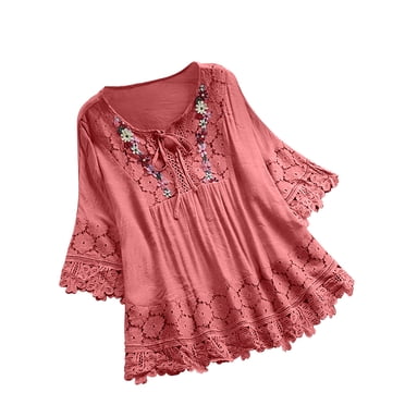 yoeyez Plus Size Tops for Women Vintage Lace Patchwork Cute Shirts Bow V-Neck Embroidery Blouse Summer Floral 3/4 Length Sleeve T-Shirt