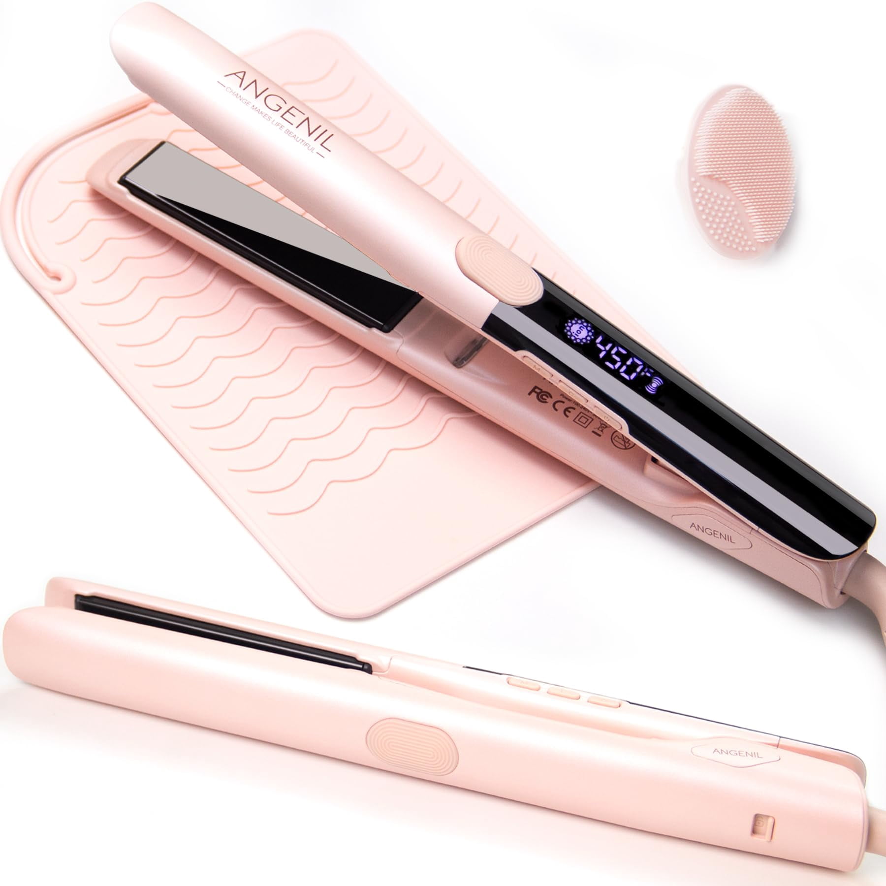 ANGENIL Titanium Flat Iron Hair Straightener and Curler 2 in 1, Anti-Scald Silicone Dual Voltage Hair Straightener, Ionic Pink Flat Iron with Heat Res