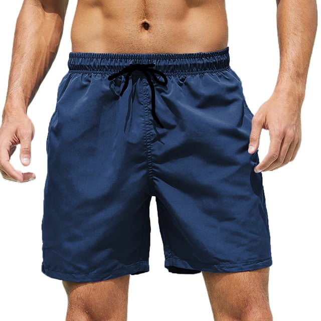Besolor Men's Summer Swim Trunks, navy blue quick-dry board shorts with a drawstring waistband and mesh lining. Ideal for surfing, beach outings, and casual summer activities, these bathing suit shorts offer breathable comfort and a stylish fit.