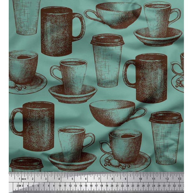 Soimoi Poly Georgette Fabric Tea & Coffee Cups Printed Craft Fabric by the Yard 52 Inch Wide
