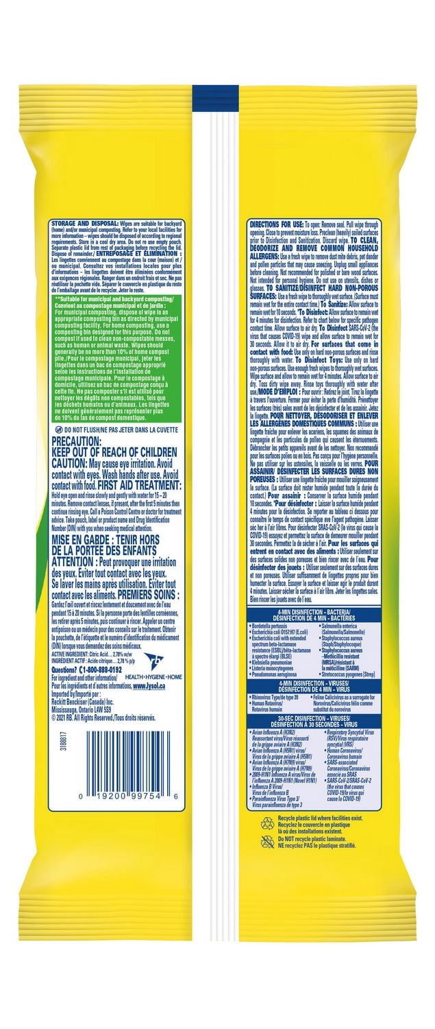 Lysol® Lingettes Désinfectantes Pack Plat, Agrumes, Lingettes Biodégradables, Élimine 99,9% des Virus et des Bactéries, 84 Lingettes