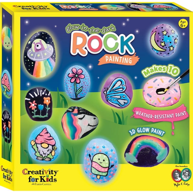 Creativity for Kids Glow in the Dark Rock Painting Kit box displaying 10 natural river rocks painted with weather-resistant, 3D glow-in-the-dark paint in colorful designs including a rainbow, butterfly, flower, moon and stars, gnome, ice cream, and UFO, recommended for ages 6 and up.