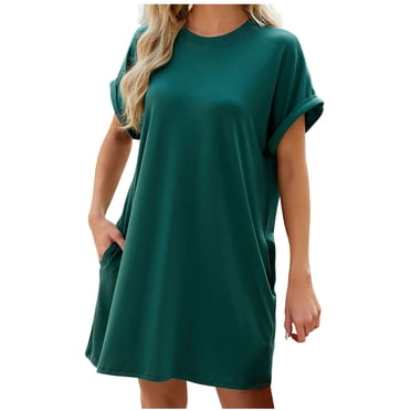 Pisexur Robe Décontractée en Coton pour Femme, Robe T-Shirt Unie à Manches Courtes, Col Rond, Coupe Droite, Courte, avec Poches