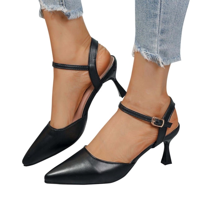 Heel Sandals for Women Kitten Heel Pointy Toe Adjustable Ankle Strap Leather Solid Color Pumps Black