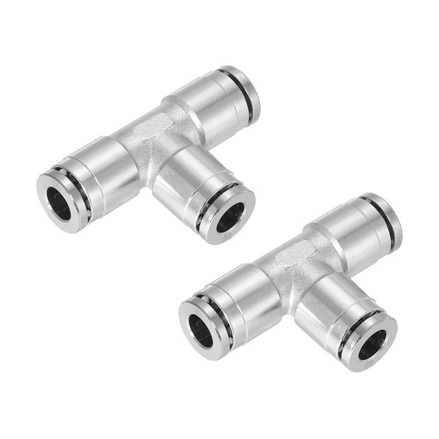 Unique Bargains 1/4 Inch OD Tee Push To Connect Tube Air Line Fittings Nickle-Plated, Silver 2Pcs