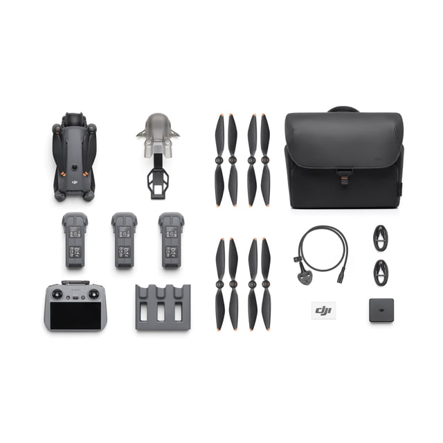 DJI Mavic 4 Pro Fly More Combo arranged on white background, including the folded drone with 100MP Hasselblad camera, three batteries, collapsible remote controller with 7-inch rotatable screen, multiple propellers, charging hub, power and USB cables, black carrying bag, and DJI accessories, suitable for advanced aerial photography and omnidirectional obstacle sensing.
