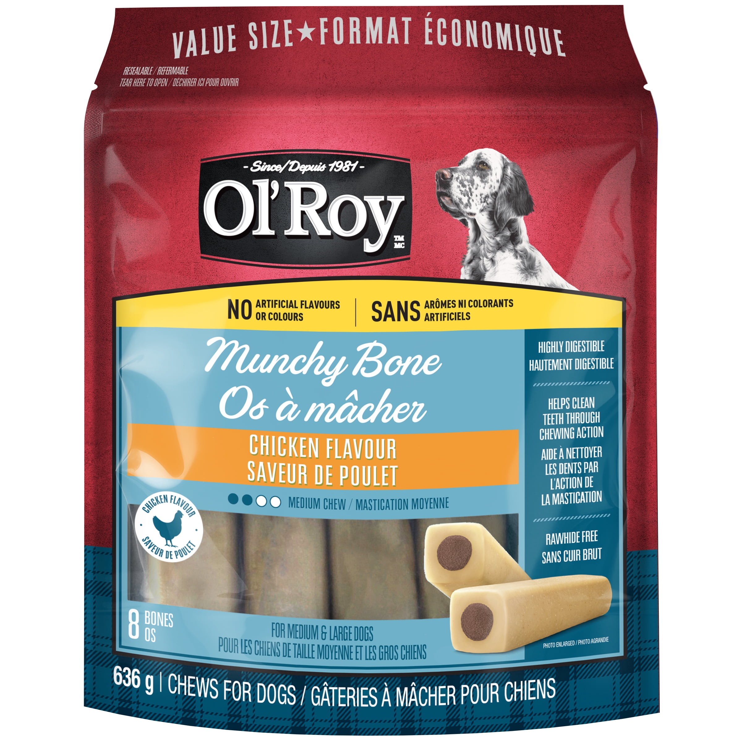 Ol’ Roy Chicken Flavour Munchy Bone Chews for Dogs, 636 g, 8 bones