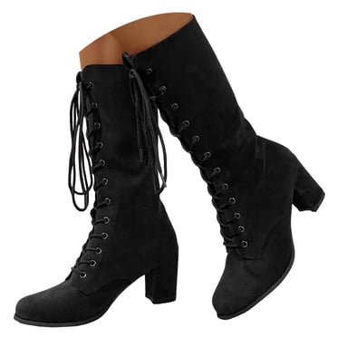 Mepaouo Bottes Hauteur Genou pour Femmes, Bottes de Moto à Lacets pour Dames, Bottes d'Équitation à Talon Épais, Chaussures d'Hiver pour Fête et Robe