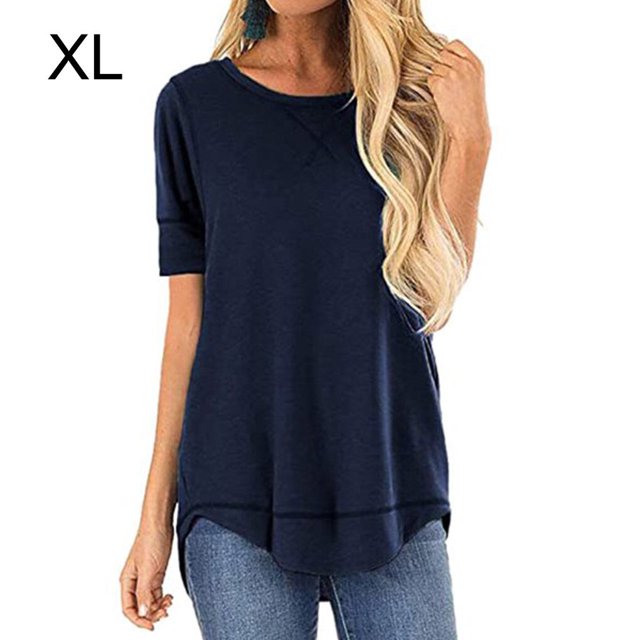 stanreset Women T-shirt Solid Color Stitching Top Asymmetrical Hem Blouse, Navy Blue, XL