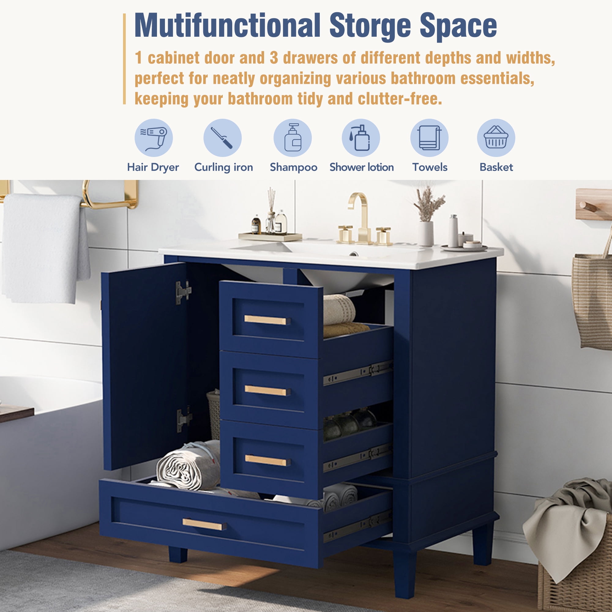 Homy Casa 30 Inch Modern Blue Bathroom Vanity Cabinet Set with Ceramic Basin, Solid Wood Frame, Soft-Close Door & Drawers