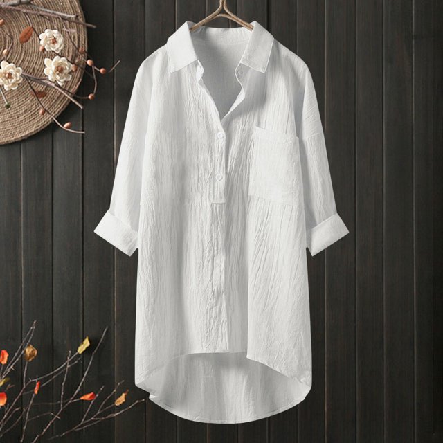 Weiqiqre Womens Spring Tops Oversized Linen Shirts Blouses Tops Long Sleeve High Low Button Up Shirts