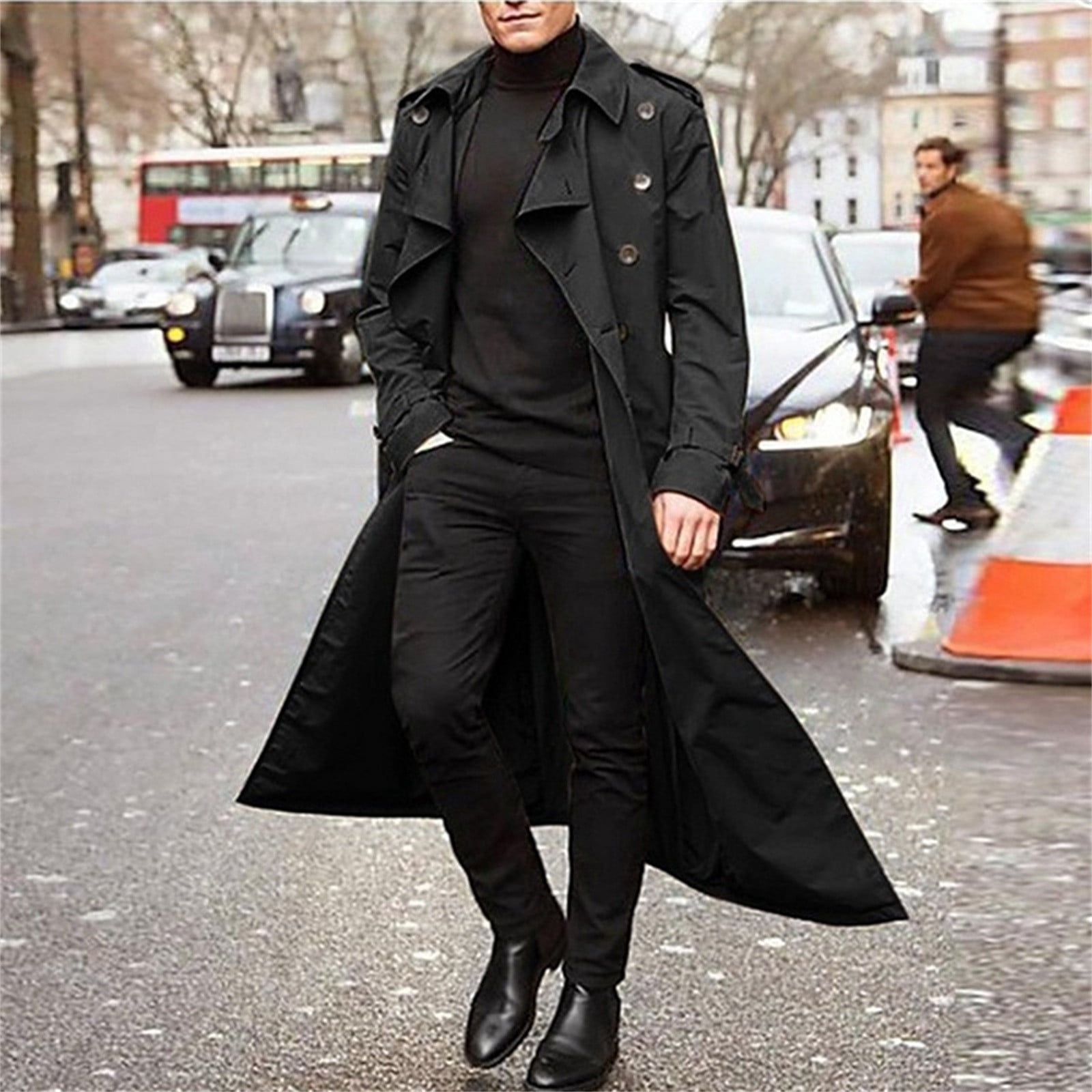 TIMIFIS Mens Black BlackOvercoat Winter Full Length Trench Coat