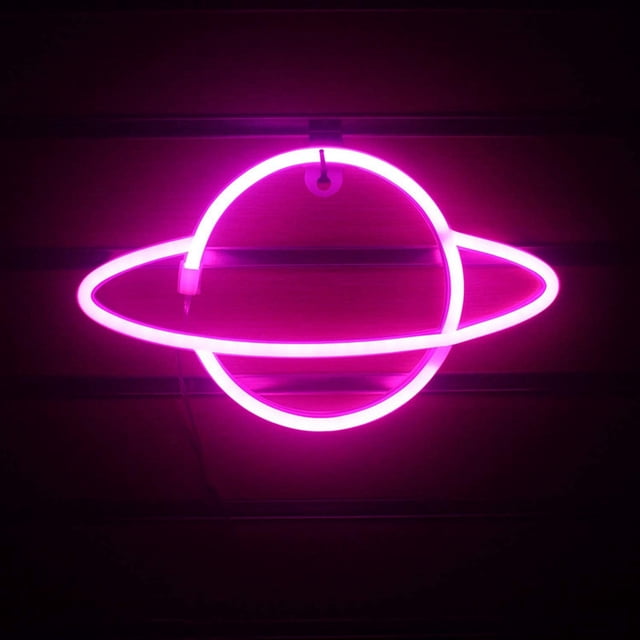 EGNMCR Night Lights LED Neon Light in a universe shape resembling Saturn, emitting a bright pink glow. This LED bar light is powered by USB or 3 AA batteries and can be wall-mounted or placed on a table. Perfect for home decor, children's rooms, bars, holiday parties, or weddings.