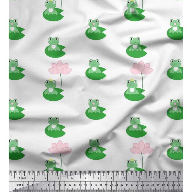 Soimoi Rayon Fabric Lotus & Frog Kids Printed Fabric 1 Yard 42 Inch Wide