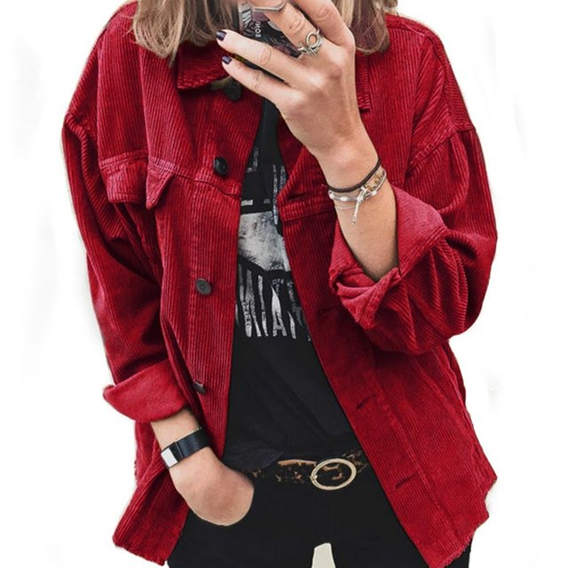 Women‘s Corduroy Jackets Cardigan Button-down Outwear Blouse Tops Shirt