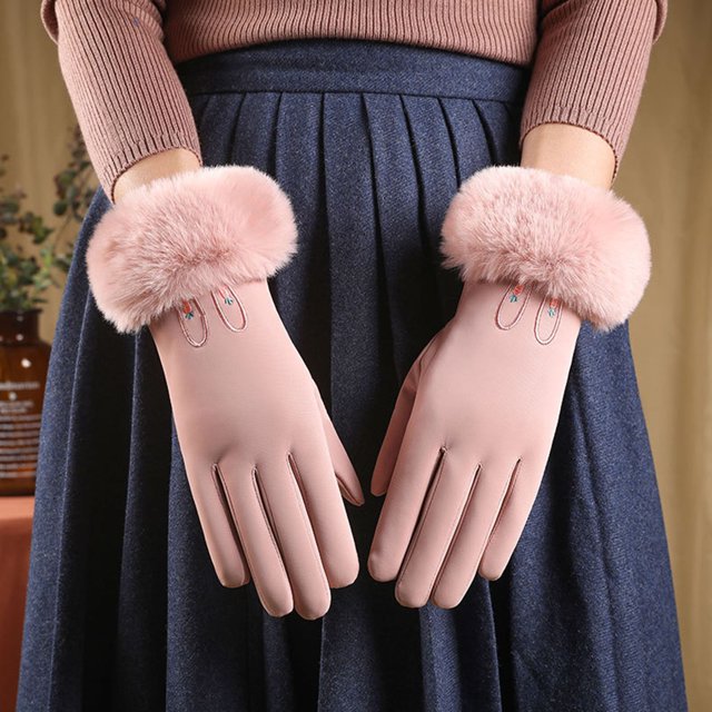 Woman Warm Snow Gloves Thick Soft Faux Rabbit Plush Edge Anti-slip for Cold Weather Outdoor Skiing and Cycling