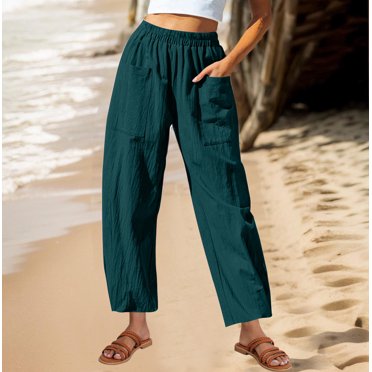 Affordable Women's Linen Pants - Women Solid Color Cotton and Linen Pocket Elastic Waist Loose Casual Wide Leg Pants Green Xl
