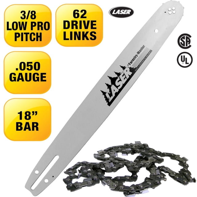 LASER 18'' Bar and Chain 3/8LP-050 62 Drive Links with laminated sprocket tip bar and semi-chisel chain featuring hard chromed cutter teeth and ramped depth gauges, designed for precision, balance, and low vibration in chainsaw cutting.