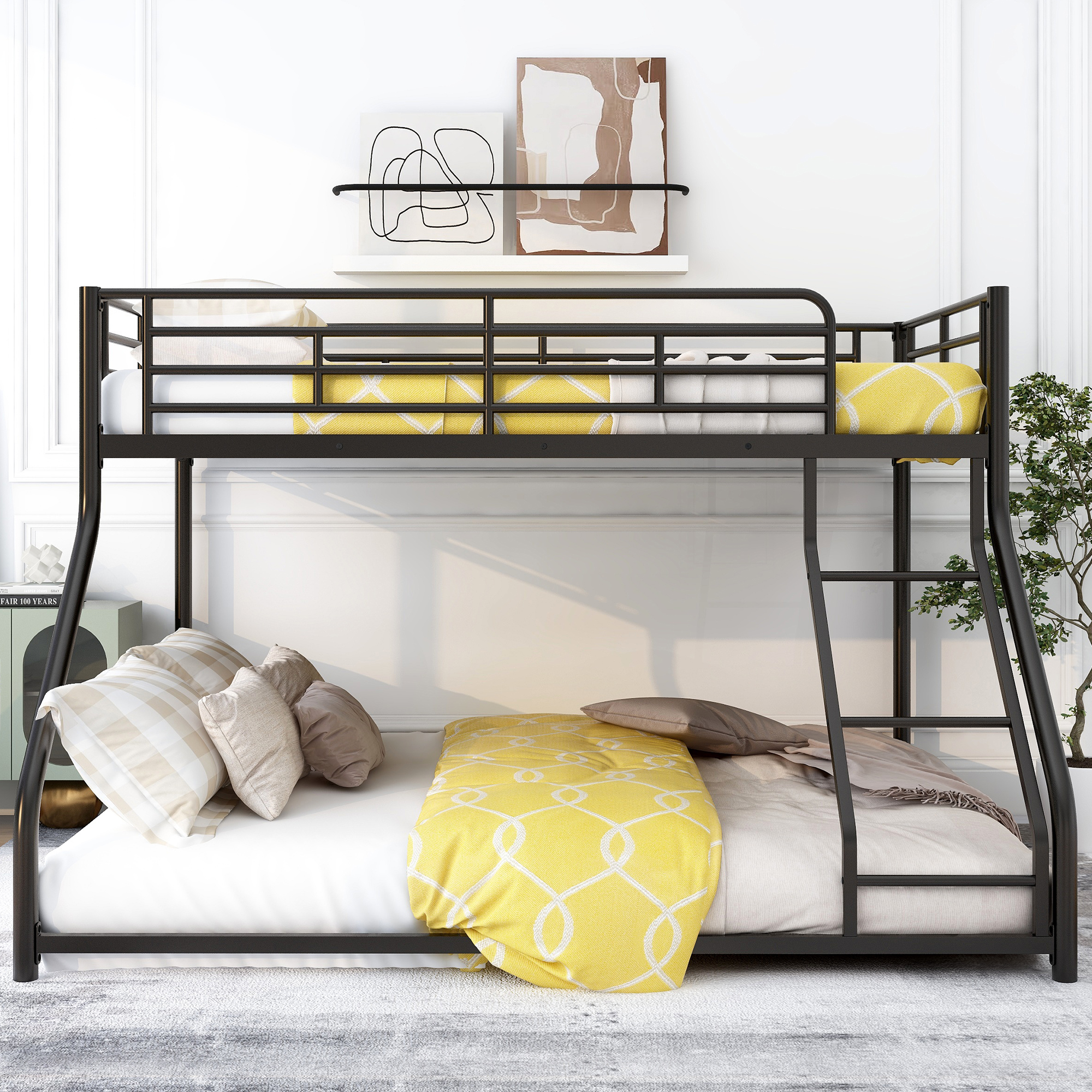 Noble House Full XL Over Queen Metal Bunk Bed,Black Industrial Frame with Guardrails & Slats,Black