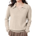 thumbnail image 2 of Polo Pullover Sweater Soft Warm Cozy Sweaters for Women Polo Sweater Lightweight Knit Collared Sweaters Oversized Sweatshirt Basic Sweater Tops Knitted Pullover Loose Pullover Beige S, 2 of 7