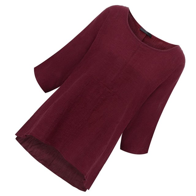 Femmes T-Shirt Couleur Unie Casual Top Manches Courtes Lin Manches T-Shirt Femmes Blouse, Rouge Vin, M