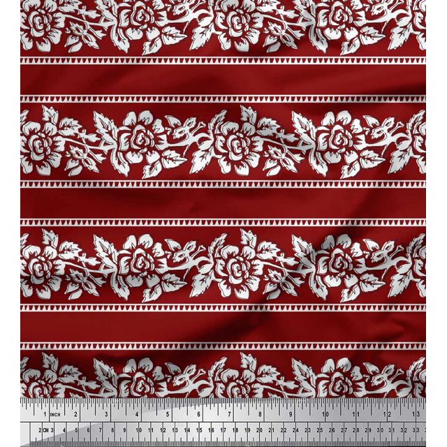 Soimoi Poly Georgette Fabric Leaves & Floral Block Printed Fabric 1 Yard 42 Inch Wide