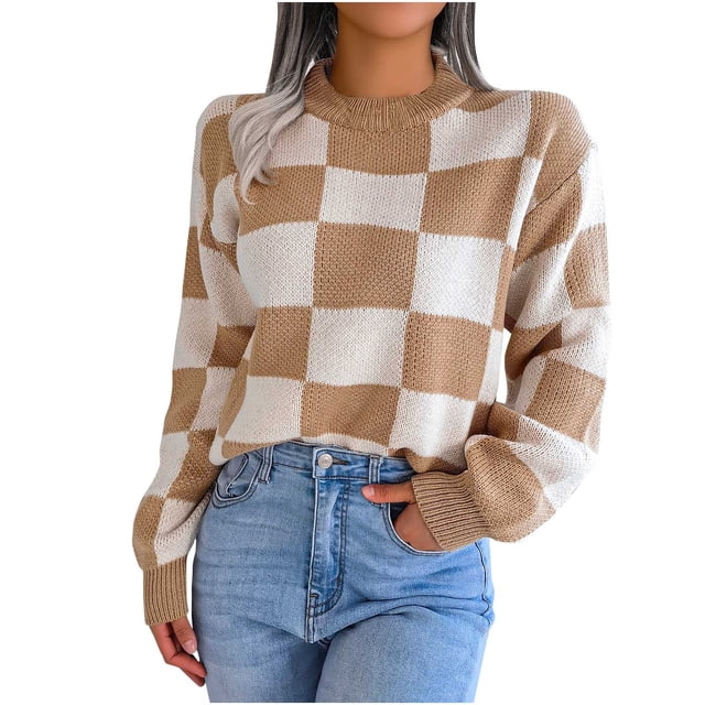 IROINID Pull-over Col Rond pour Femme à Carreaux Casual Manches Courtes Pull Tops Automne et Hiver à Carreaux