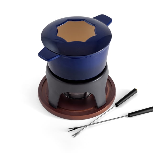 Swissmar Sierra 11-Piece Cast Iron Fondue Set in deep blue, featuring a 1.6 L enameled cast iron pot with even heat distribution and excellent retention. The set includes a removable spatter guard, rechaud, adjustable stainless steel burner, wood base, and six fondue forks. Ideal for cheese, chocolate, and meat fondues, the pot is easy to clean with its enamel coating. The stylish design and heat-resistant handles make it suitable for both beginners and experienced users.
