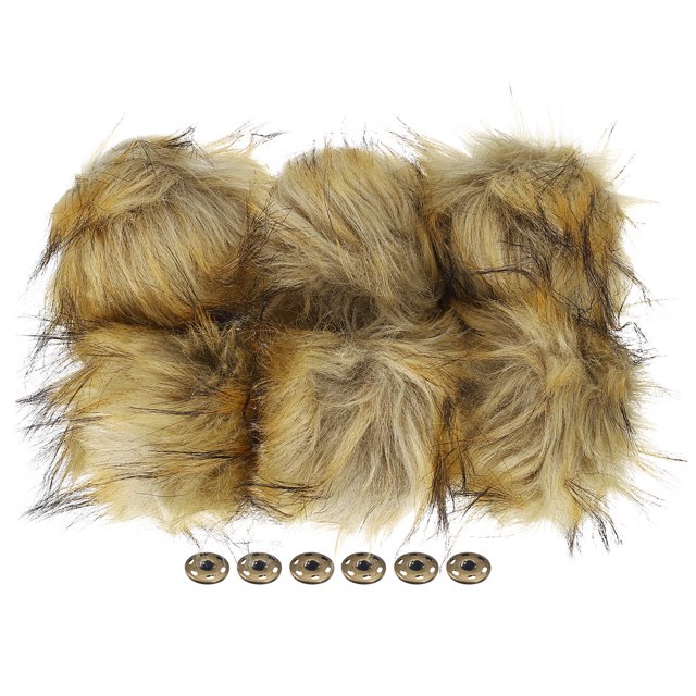 Unique Bargains Fluffy Soft Faux Fur Pom Poms for Hats with Snap Button, Light Yellow 6Pack. This set features six light yellow faux fur pom poms, each measuring 11 cm (4.33 inches) in diameter, along with six bronze snap buttons for secure attachment. Crafted from high-quality artificial fur, the pom poms are soft, fluffy, and durable. Ideal for embellishing hats, keychains, scarves, and bags, or for use in arts and crafts projects and festive events like Christmas and birthday celebrations.