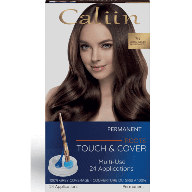 Root Touch-Up Permanent Hair Color - 24 Applications, 1 Kit - 100% Gray Coverage - 7N Medium Blonde. One kit with 24 small targeted applications and a sponge wand for precise, controlled, mess-free grey root coverage and natural-looking blend with existing colour; made in Canada; suitable for travel or between-appointment touch-ups.