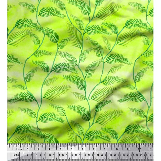 Soimoi Green polyester Crepe Fabric Pine Leaves Decor Fabric Printed Yard 52 Inch Wide
