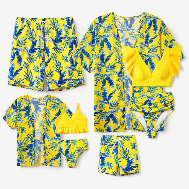 PatPat Family Matching Yellow Leaf Print Swim Trunks or Ruched Flutter Sleeve Bikini with Optional Swim Cover Up