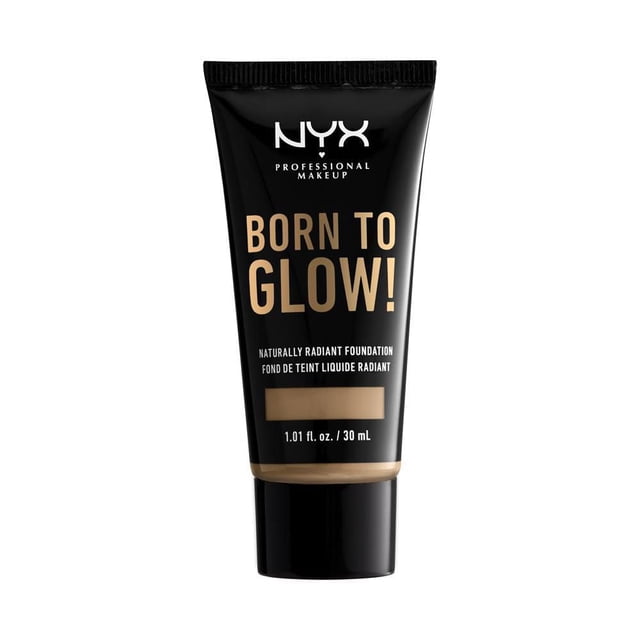 NYX Professional Makeup Born to Glow! Naturally Radiant Foundation 30 mL in a black squeeze tube with gold and white text, offering a creamy liquid formula for buildable medium coverage that enhances natural skin glow and blends seamlessly with other face products.