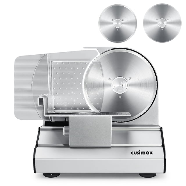 CUSIMAX 200W Electric Meat Slicer with two removable 7.5-inch stainless steel blades, adjustable thickness from 1-20mm, and a removable carriage for easy cleaning. Ideal for precision cutting of meat, cheese, bread, and vegetables. Includes safety features like a blade guard and non-slip feet.