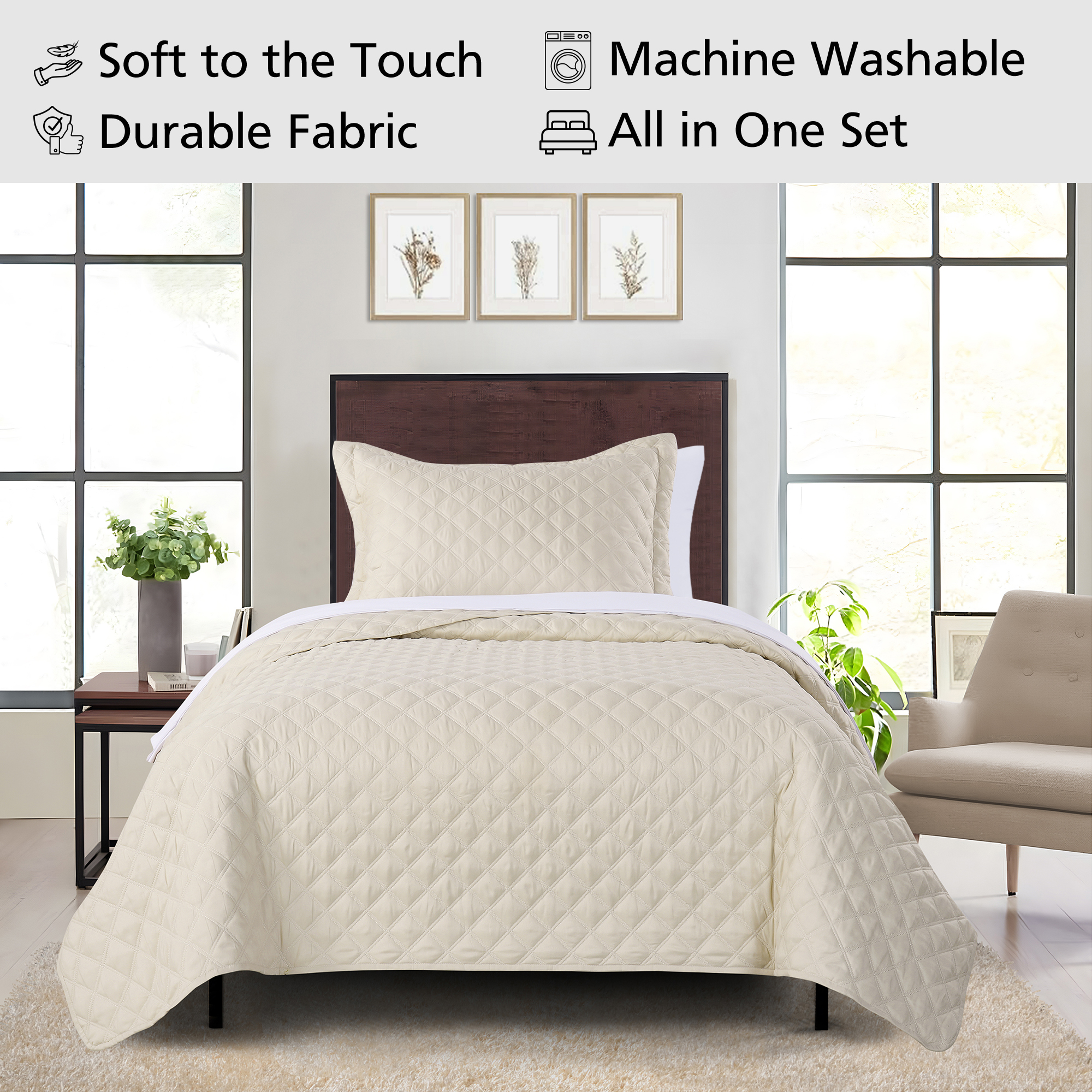 Mainstays Ensemble courtepointe et drap-housse légers tout-en-un - 7pièces, Tres Grand Lit, Beige