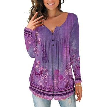 Qertyioot Plus Size Tops for Womens,Women Fashion Summer Fold Printed Regular Women Long Sleeves V Neck Button