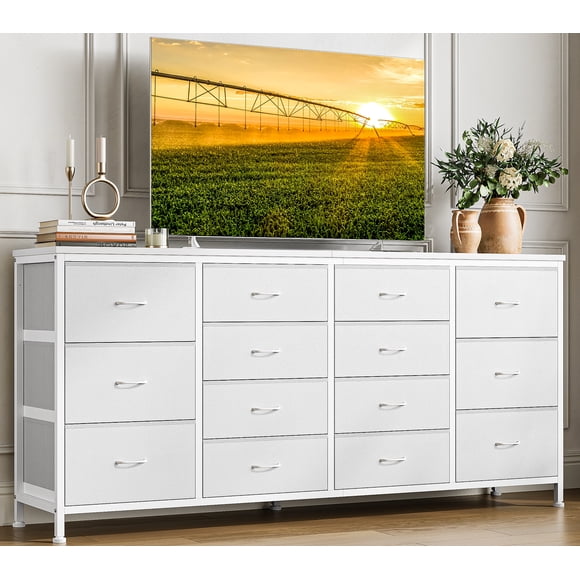 PIONEERWORKS Meuble Télé de 63 Pouces avec 14 Tiroirs, Armoire de Rangement en Tissu avec Prises de Courant pour Téléviseurs de 65-75 Pouces, Centre de Divertissement pour Chambre, Blanc