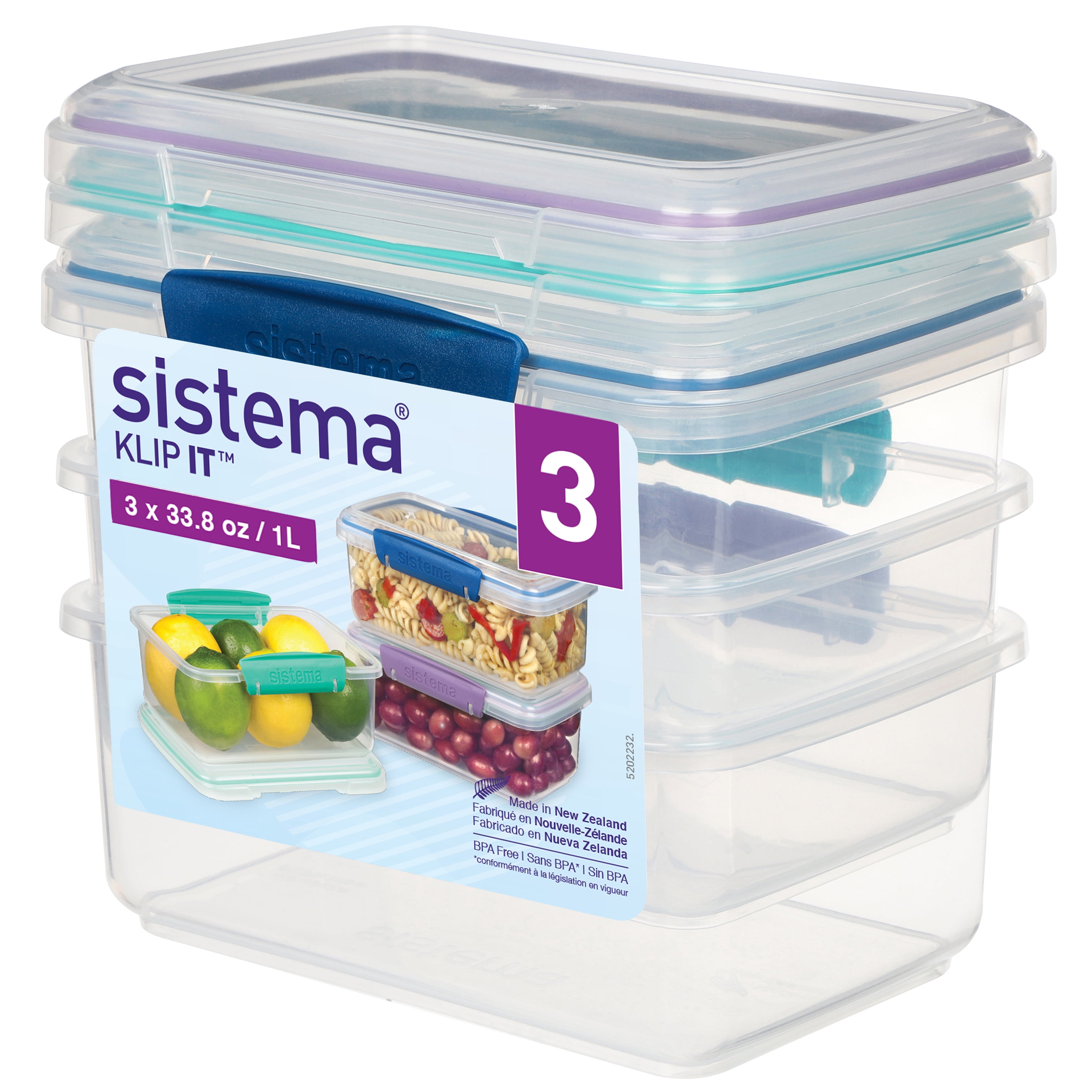 Sistema Klip It Food Storage Containers, 1 L, Assorted Colours, 3 Pack