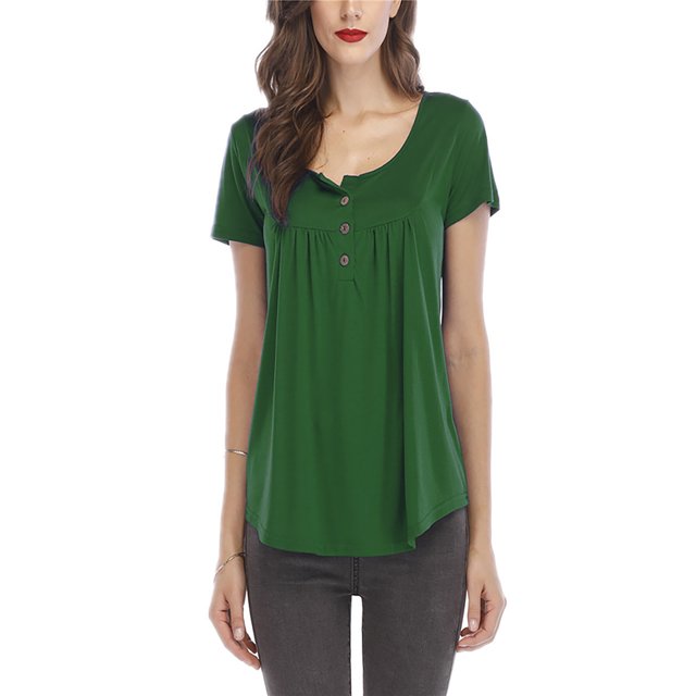 Innerwin T-Shirt Couleur Unie Hauts pour Femmes Été Manches Courtes Mode Vert 3TG